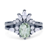 Art Deco Oval Natural Green Amethyst Engagement Ring Bridal Set