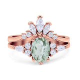 Art Deco Oval Natural Green Amethyst Engagement Ring Bridal Set