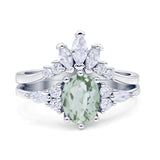 Art Deco Oval Natural Green Amethyst Engagement Ring Bridal Set