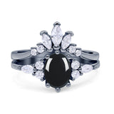 Art Deco Oval Natural Black Onyx Engagement Ring Bridal Set