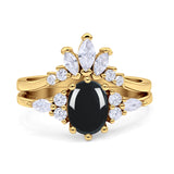 Art Deco Oval Natural Black Onyx Engagement Ring Bridal Set