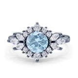 Art Deco Round Natural Aquamarine Engagement Ring With CZ Accents