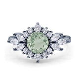 Art Deco Round Natural Green Amethyst Engagement Ring With CZ Accents