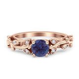 Vintage Floral Leaf Style Round Lab Alexandrite Engagement Ring