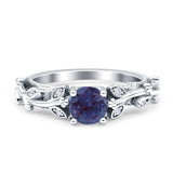 Vintage Floral Leaf Style Round Lab Alexandrite Engagement Ring