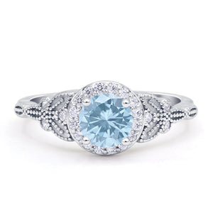 Halo Vintage Style Round Natural Aquamarine Engagement Ring