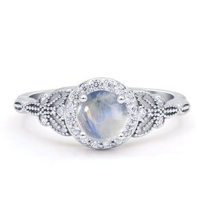 Halo Vintage Style Round Natural Moonstone Engagement Ring
