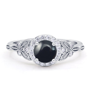 Halo Vintage Style Round Natural Black Onyx Engagement Ring