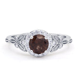 Halo Vintage Style Round Natural Smoky Quartz Engagement Ring