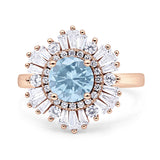 Floral Art Deco Round Natural Aquamarine Halo Engagement Ring