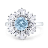 Floral Art Deco Round Natural Aquamarine Halo Engagement Ring