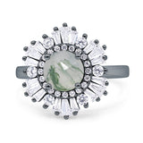 Floral Art Deco Round Natural Green Moss Agate Halo Engagement Ring