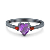 Art Deco Heart Three Stone Wedding Bridal Ring Ruby Simulated Cubic Zirconia 925 Sterling Silver