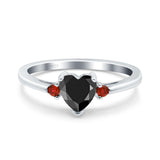 Art Deco Heart Three Stone Wedding Bridal Ring Ruby Simulated Cubic Zirconia 925 Sterling Silver