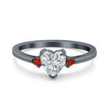 Art Deco Heart Three Stone Wedding Bridal Ring Ruby Simulated Cubic Zirconia 925 Sterling Silver