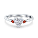 Art Deco Heart Three Stone Wedding Bridal Ring Ruby Simulated Cubic Zirconia 925 Sterling Silver