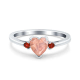 Art Deco Heart Three Stone Wedding Bridal Ring Ruby Simulated Cubic Zirconia 925 Sterling Silver