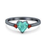 Art Deco Heart Three Stone Wedding Bridal Ring Ruby Simulated Cubic Zirconia 925 Sterling Silver