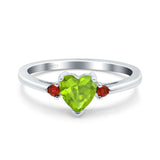Art Deco Heart Three Stone Wedding Bridal Ring Ruby Simulated Cubic Zirconia 925 Sterling Silver