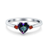 Art Deco Heart Three Stone Wedding Bridal Ring Ruby Simulated Cubic Zirconia 925 Sterling Silver