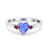 Art Deco Heart Three Stone Wedding Bridal Ring Ruby Simulated Cubic Zirconia 925 Sterling Silver