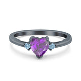 Art Deco Heart Three Stone Wedding Bridal Ring Aquamarine Simulated Cubic Zirconia 925 Sterling Silver