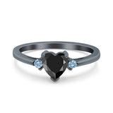Art Deco Heart Three Stone Wedding Bridal Ring Aquamarine Simulated Cubic Zirconia 925 Sterling Silver