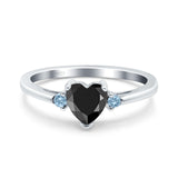 Art Deco Heart Three Stone Wedding Bridal Ring Aquamarine Simulated Cubic Zirconia 925 Sterling Silver