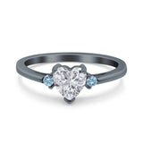 Art Deco Heart Three Stone Wedding Bridal Ring Aquamarine Simulated Cubic Zirconia 925 Sterling Silver