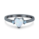 Art Deco Heart Three Stone Wedding Bridal Ring Aquamarine Simulated Cubic Zirconia 925 Sterling Silver