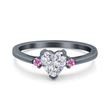 Art Deco Heart Three Stone Wedding Bridal Ring Pink Simulated Cubic Zirconia 925 Sterling Silver