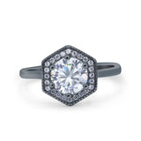 Art Deco Hexagon Shape Wedding Bridal Ring Round Simulated Cubic Zirconia 925 Sterling Silver