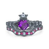Claddagh Accent Heart Wedding Engagement Bridal Set Piece Ring Band Round Ruby Simulated Cubic Zirconia 925 Sterling Silver