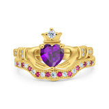 Claddagh Accent Heart Wedding Engagement Bridal Set Piece Ring Band Round Ruby Simulated Cubic Zirconia 925 Sterling Silver