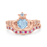 Claddagh Accent Heart Wedding Engagement Bridal Set Piece Ring Band Round Ruby Simulated Cubic Zirconia 925 Sterling Silver