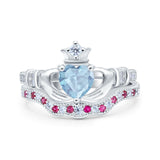 Claddagh Accent Heart Wedding Engagement Bridal Set Piece Ring Band Round Ruby Simulated Cubic Zirconia 925 Sterling Silver
