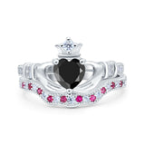 Claddagh Accent Heart Wedding Engagement Bridal Set Piece Ring Band Round Ruby Simulated Cubic Zirconia 925 Sterling Silver