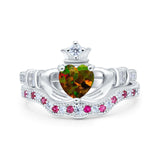 Claddagh Accent Heart Wedding Engagement Bridal Set Piece Ring Band Round Ruby Simulated Cubic Zirconia 925 Sterling Silver
