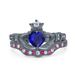 Claddagh Accent Heart Wedding Engagement Bridal Set Piece Ring Band Round Ruby Simulated Cubic Zirconia 925 Sterling Silver
