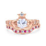 Claddagh Accent Heart Wedding Engagement Bridal Set Piece Ring Band Round Ruby Simulated Cubic Zirconia 925 Sterling Silver