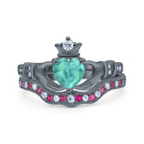 Claddagh Accent Heart Wedding Engagement Bridal Set Piece Ring Band Round Ruby Simulated Cubic Zirconia 925 Sterling Silver