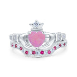 Claddagh Accent Heart Wedding Engagement Bridal Set Piece Ring Band Round Ruby Simulated Cubic Zirconia 925 Sterling Silver