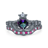 Claddagh Accent Heart Wedding Engagement Bridal Set Piece Ring Band Round Ruby Simulated Cubic Zirconia 925 Sterling Silver