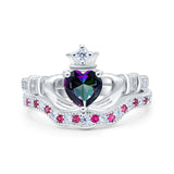 Claddagh Accent Heart Wedding Engagement Bridal Set Piece Ring Band Round Ruby Simulated Cubic Zirconia 925 Sterling Silver