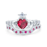 Claddagh Accent Heart Wedding Engagement Bridal Set Piece Ring Band Round Ruby Simulated Cubic Zirconia 925 Sterling Silver