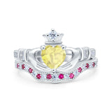 Claddagh Accent Heart Wedding Engagement Bridal Set Piece Ring Band Round Ruby Simulated Cubic Zirconia 925 Sterling Silver