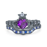 Claddagh Accent Heart Wedding Bridal Set Piece Ring Band Round Blue Sapphire Simulated Cubic Zirconia 925 Sterling Silver