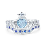 Claddagh Accent Heart Wedding Bridal Set Piece Ring Band Round Blue Sapphire Simulated Cubic Zirconia 925 Sterling Silver