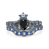 Claddagh Accent Heart Wedding Bridal Set Piece Ring Band Round Blue Sapphire Simulated Cubic Zirconia 925 Sterling Silver