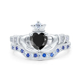 Claddagh Accent Heart Wedding Bridal Set Piece Ring Band Round Blue Sapphire Simulated Cubic Zirconia 925 Sterling Silver